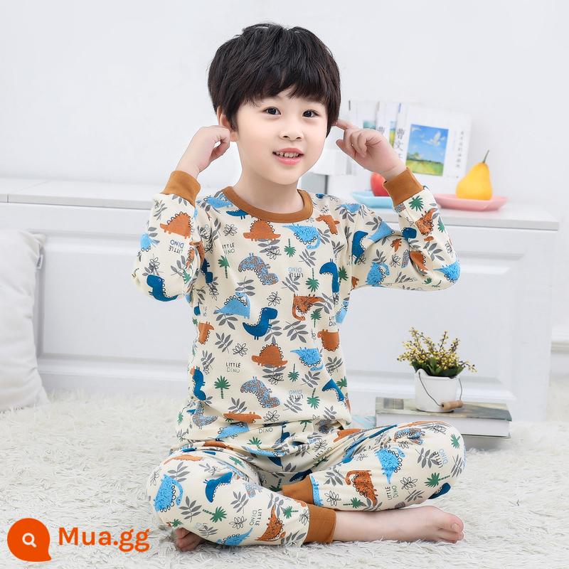 Bộ quần áo thu đông và quần vệ sinh bé trai, cotton nguyên chất, quần áo sưởi ấm đáy quần cotton nguyên chất cho trẻ em, quần áo vệ sinh bé trai, đồ ngủ khủng long - Khủng long phiên bản đầy đủ màu be