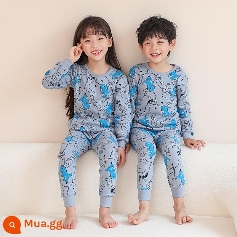 Bộ quần áo thu đông và quần vệ sinh bé trai, cotton nguyên chất, quần áo sưởi ấm đáy quần cotton nguyên chất cho trẻ em, quần áo vệ sinh bé trai, đồ ngủ khủng long - Khủng long trên nền màu xám