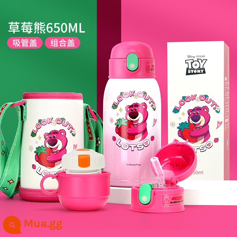 Disney Trẻ em Cúp cách nhiệt Girl Thực phẩm lớp 316 Kettles Công suất lớn Cúp nước tiểu học Aisha - 650ml │ Strawberry Bear [bình trong 316 + nắp đôi + tay áo cốc]