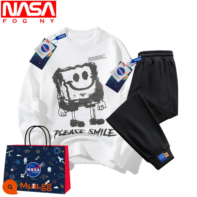 NASA Flagship Store Trang Web Chính Thức Mùa Đông Sang Trọng Dày Áo Len Nam Cổ Tròn Đáy Ấm Áo Sơ Mi Thương Hiệu Hợp Thời Trang Dệt Kim - 2025 trắng + YK806 (bộ) đen