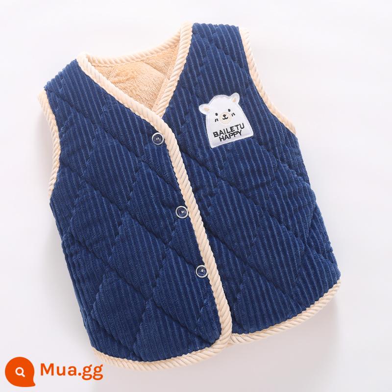 Mùa Đông Trẻ Em Kẹp Tóc Áo Vest Cotton Bộ Đồ Ngủ Bé Trai Bé Gái Dép Nỉ Dày Ở Nhà Quần Áo Bé Trai 3 Lớp Nỉ San Hô - Xanh hải quân 001