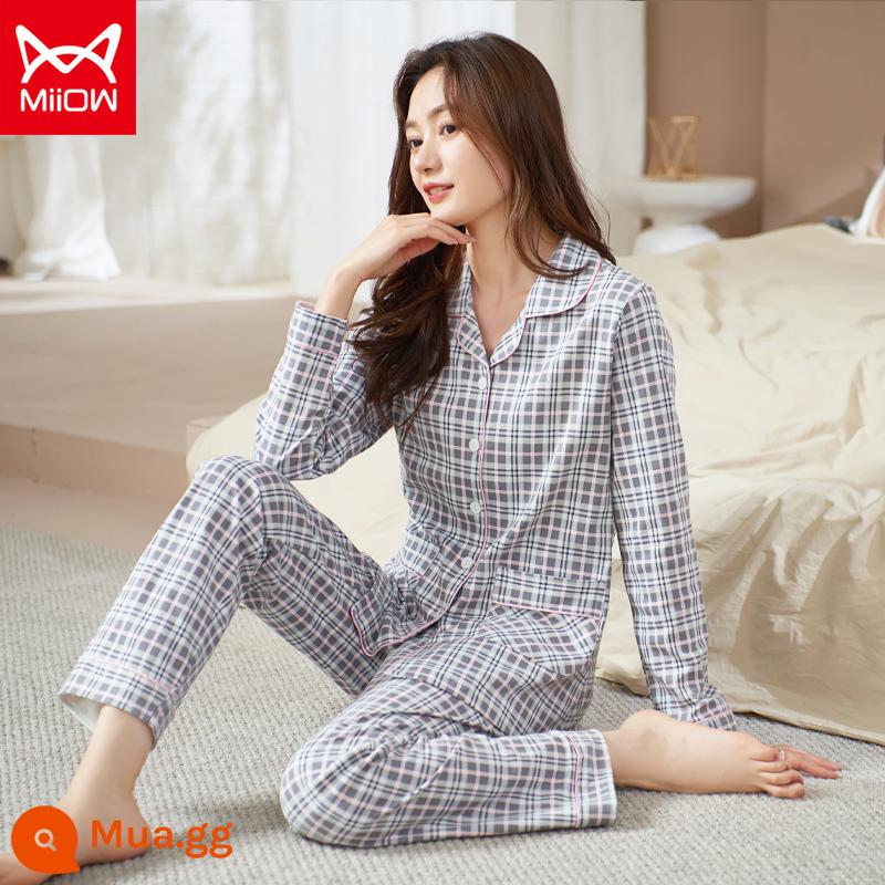 Bộ đồ ngủ mèo của phụ nữ mùa xuân và mùa thu cotton nguyên chất quần dài tay mẹ trung niên có thể mặc bên ngoài bộ đồ phục vụ tại nhà cotton cho phụ nữ - CM:9014