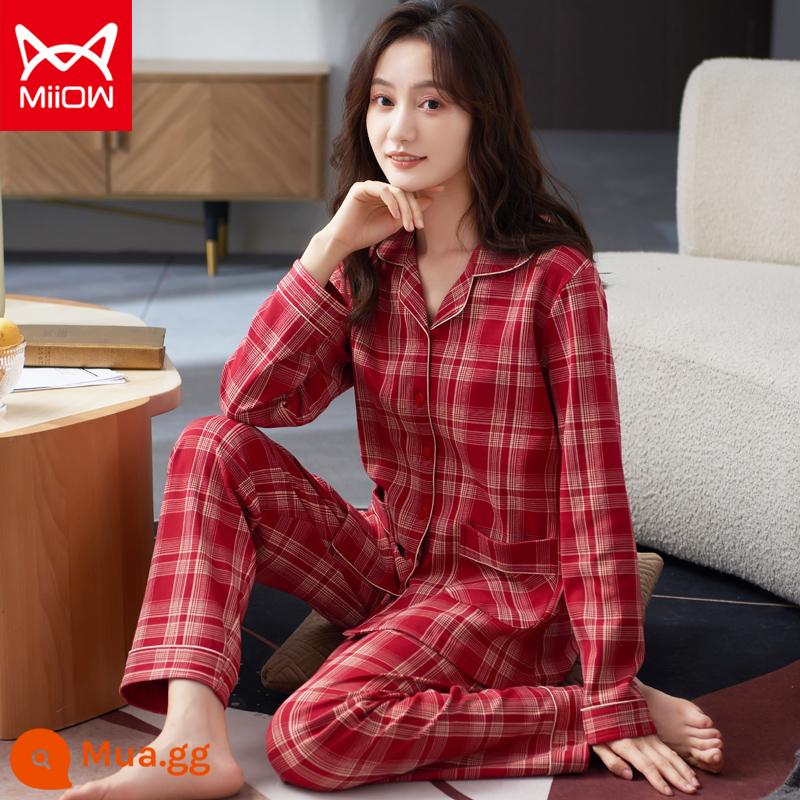 Bộ đồ ngủ mèo của phụ nữ mùa xuân và mùa thu cotton nguyên chất quần dài tay mẹ trung niên có thể mặc bên ngoài bộ đồ phục vụ tại nhà cotton cho phụ nữ - CM:8547