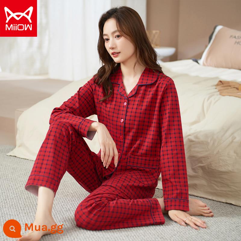 Bộ đồ ngủ mèo của phụ nữ mùa xuân và mùa thu cotton nguyên chất quần dài tay mẹ trung niên có thể mặc bên ngoài bộ đồ phục vụ tại nhà cotton cho phụ nữ - CM:9015