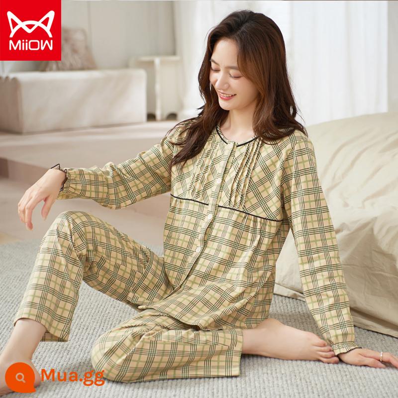 Bộ đồ ngủ mèo của phụ nữ mùa xuân và mùa thu cotton nguyên chất quần dài tay mẹ trung niên có thể mặc bên ngoài bộ đồ phục vụ tại nhà cotton cho phụ nữ - CM:9013