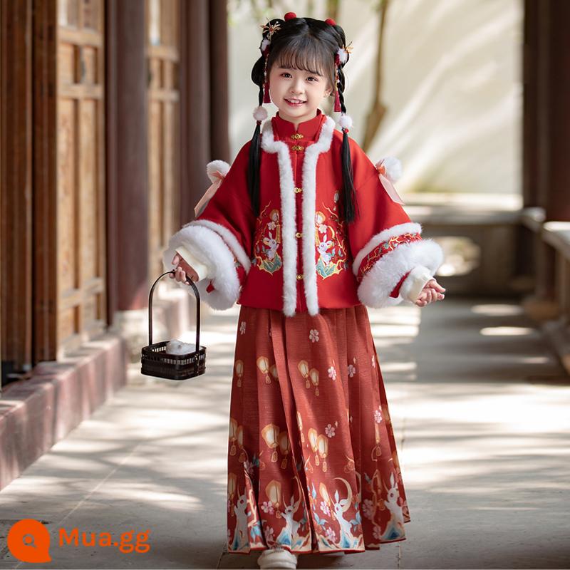 Bé Gái Hanfu 2024 Mới Mùa Đông Dày Nhung Phong Cách Trung Hoa Cổ Trang Phục Trẻ Em Đường Phù Hợp Với Mặt Ngựa Váy Năm Mới quần Áo - Áo khoác thỏ đỏ + cổ chéo + váy mặt ngựa