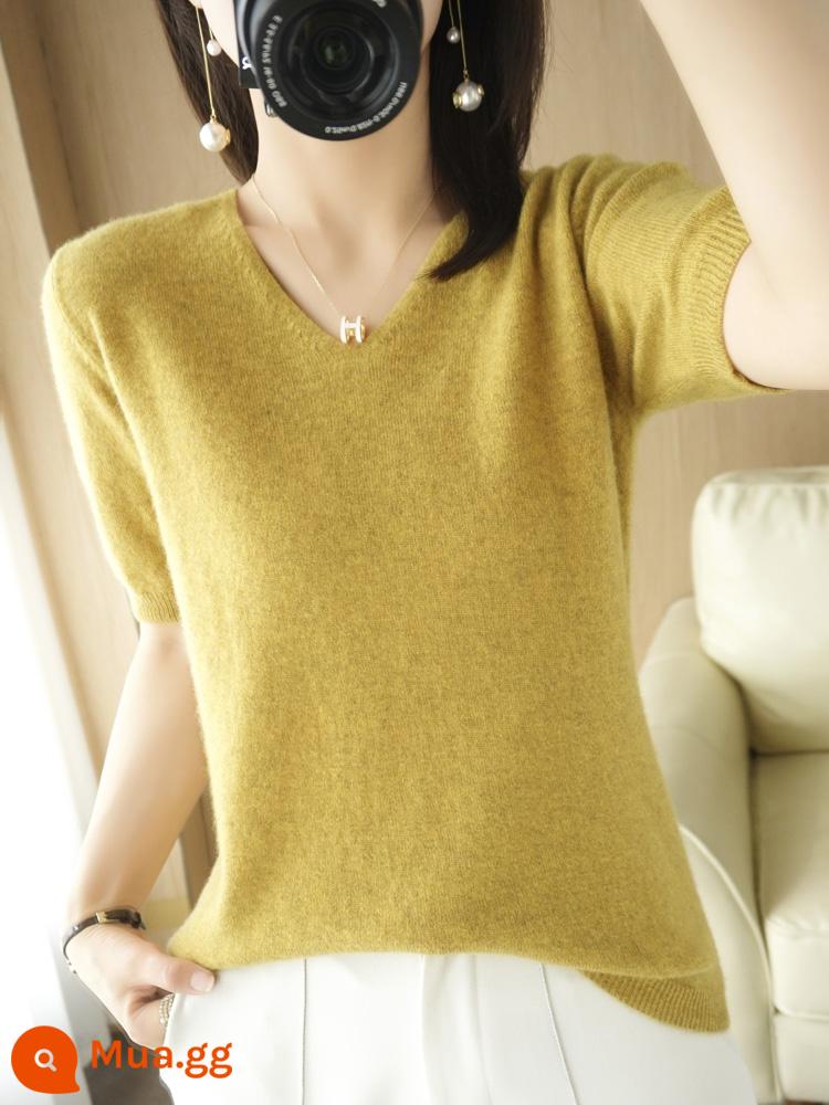 Áo len cardigan ngắn tay mùa xuân và mùa thu mùa hè cổ chữ V nửa tay mùa hè của phụ nữ Áo len cashmere mỏng Áo len đáy mỏng - Màu vàng mù tạt [cổ chữ V]