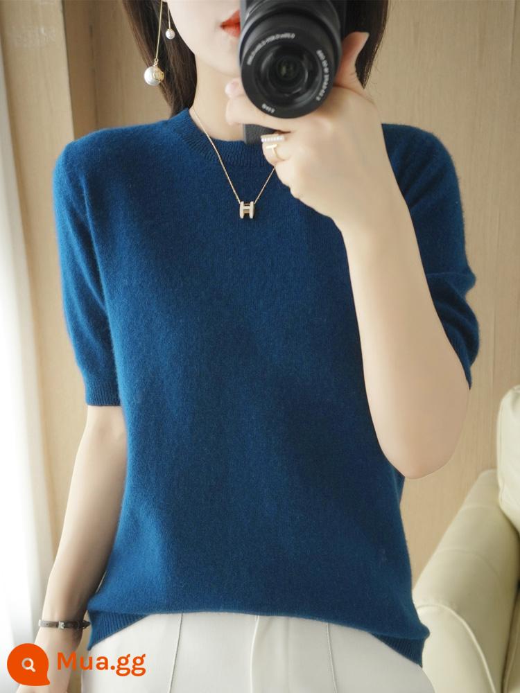 Áo len cardigan ngắn tay mùa xuân và mùa thu mùa hè cổ chữ V nửa tay mùa hè của phụ nữ Áo len cashmere mỏng Áo len đáy mỏng - Rong biển xanh [cổ tròn]