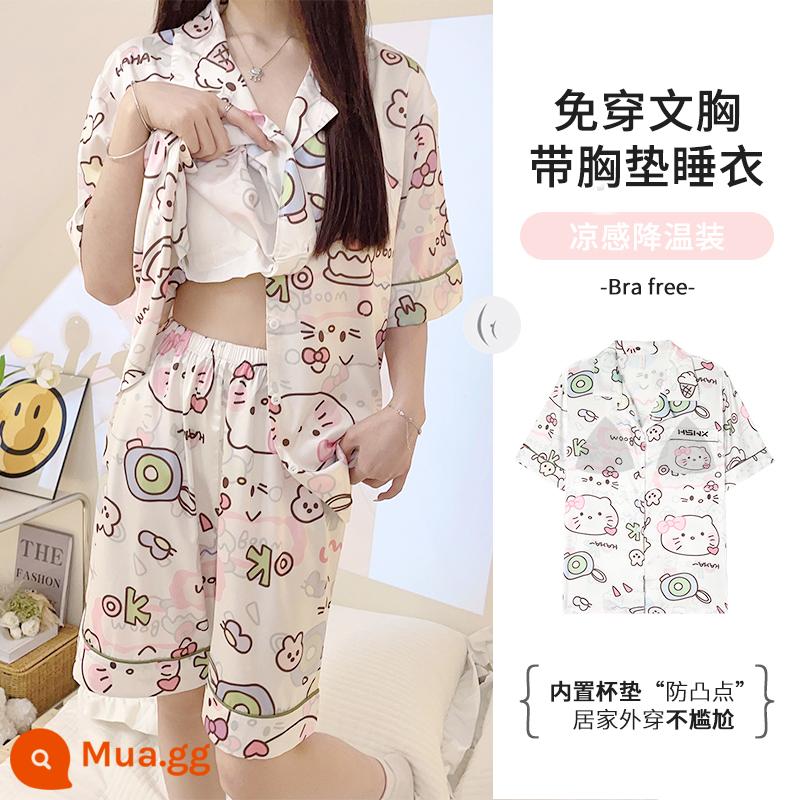 Sanrio có đệm ngực ngắn tay bộ đồ ngủ lụa băng nữ dễ thương mùa hè 2023 bộ đồ phục vụ gia đình mới mùa hè - Mẫu nâng cấp Hello (tay áo ngắn + quần short) - có đệm ngực, có thể tháo rời và điều chỉnh