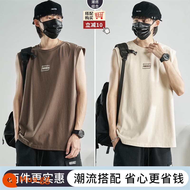 Áo thun không tay nam mùa hè bé trai hợp thời trang vest áo khoác nam cotton thuần thể thao lưới đỏ thể dục bóng rổ vest nam - Nâu + mơ (2 cái giảm 10)