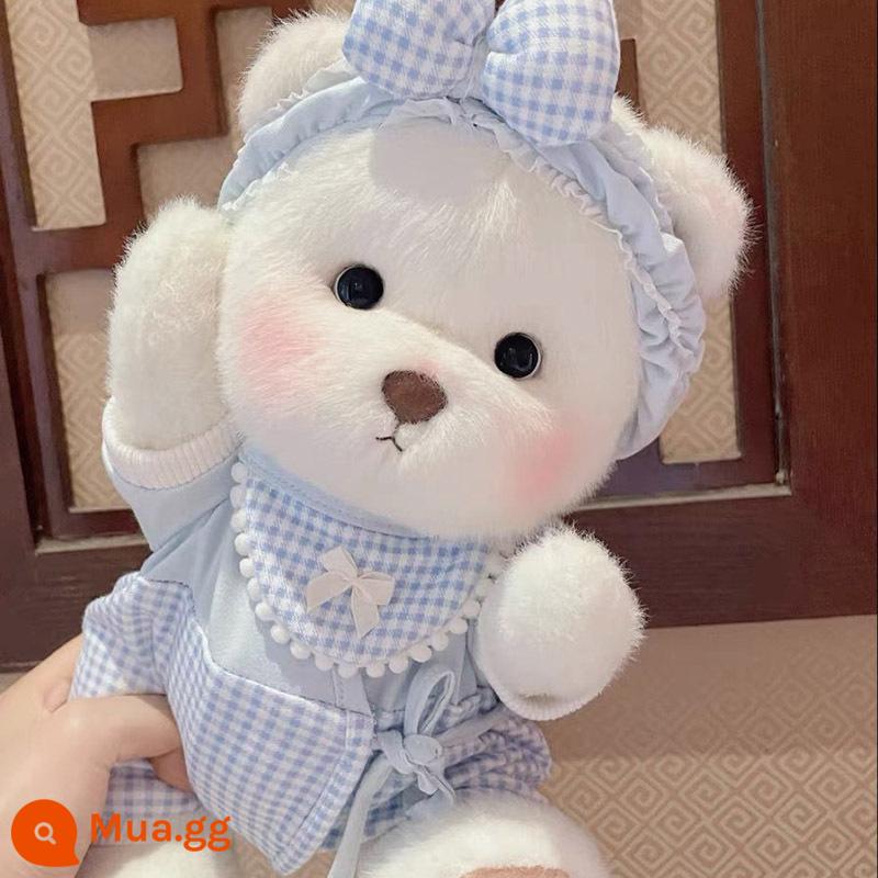 Chính hãng gấu Irina handmade quần áo búp bê teddybear Macron Gấu Lina chính hãng đồ chơi sang trọng - Bộ ba món ca rô xanh (quần áo + gấu trắng sữa + hộp quà sang trọng)