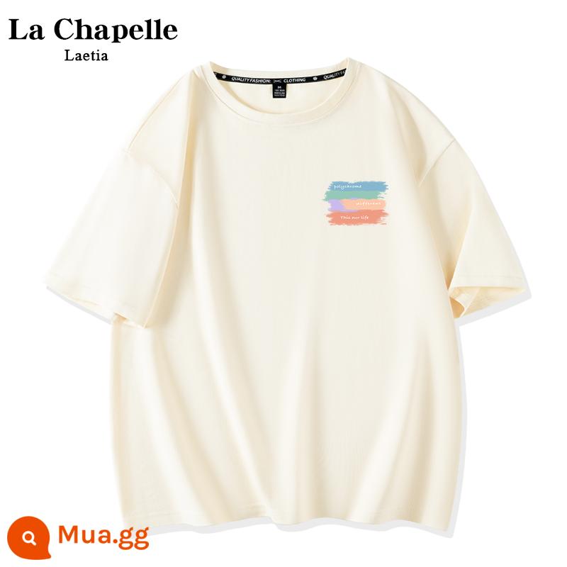 Áo thun trắng ngắn tay sọc màu La Chapelle nữ 2023 cotton mùa hè mới trễ vai cặp đôi hàng đầu X - Cuộc sống muôn màu be_K