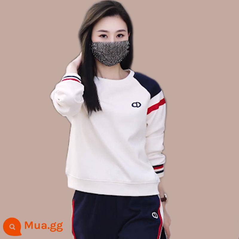 Bộ quần áo thể thao giản dị bằng cotton nguyên chất cho nữ mùa xuân và mùa thu 2023 thời trang mới áo len giảm tuổi phong cách nước ngoài bùng nổ hai mảnh - Áo trắng nhạt [đơn chiếc]