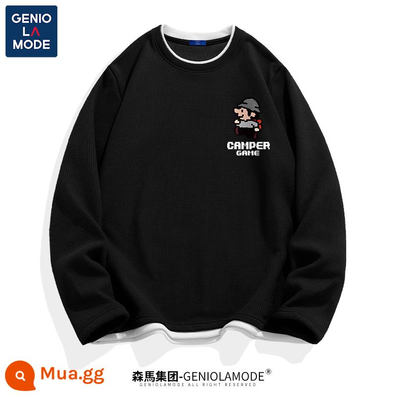 Semir Group GENIOLAMODE triều thương hiệu T-shirt nam mùa hè tuổi teen nam sinh viên waffle nam ngắn tay - [Tay dài] Đen (Logo Pixel Game Chest) Một món đồ không thể thiếu cho mùa thu