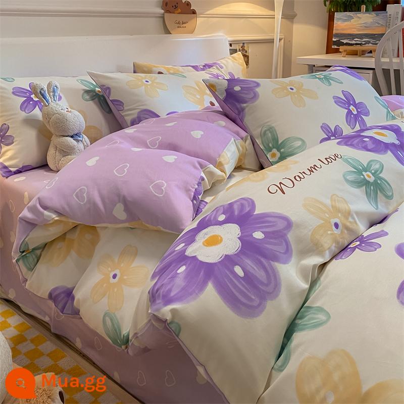 Cotton nguyên chất vỏ chăn đơn mảnh 100 cotton dày 180cm vỏ chăn đơn 150x200x230 ký túc xá 1.5m chăn - Đường mòn hoa-Tím