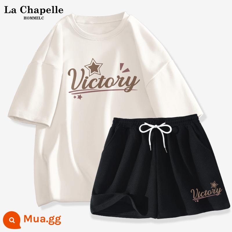 Quần short ngắn tay La Chapelle Bộ đồ thể thao nữ mùa hè 2023 học sinh cấp 2 mới đồ thể thao hai mảnh mùa hè J - Trắng (anh chàng may mắn) + quần đen (chỉ số phía trước bên trái của quần anh chàng may mắn)