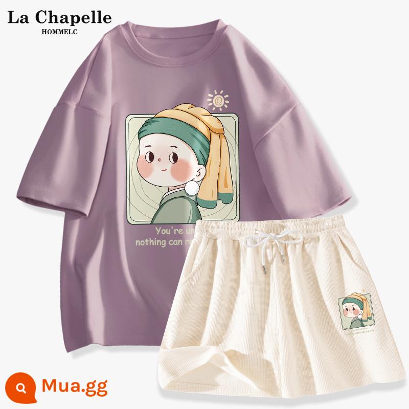 Quần short ngắn tay La Chapelle Bộ đồ thể thao nữ mùa hè 2023 học sinh cấp 2 mới đồ thể thao hai mảnh mùa hè J - Tím khoai môn (Cô gái ngọc trai) + Trắng sữa (Nhãn quần cô gái ngọc trai)