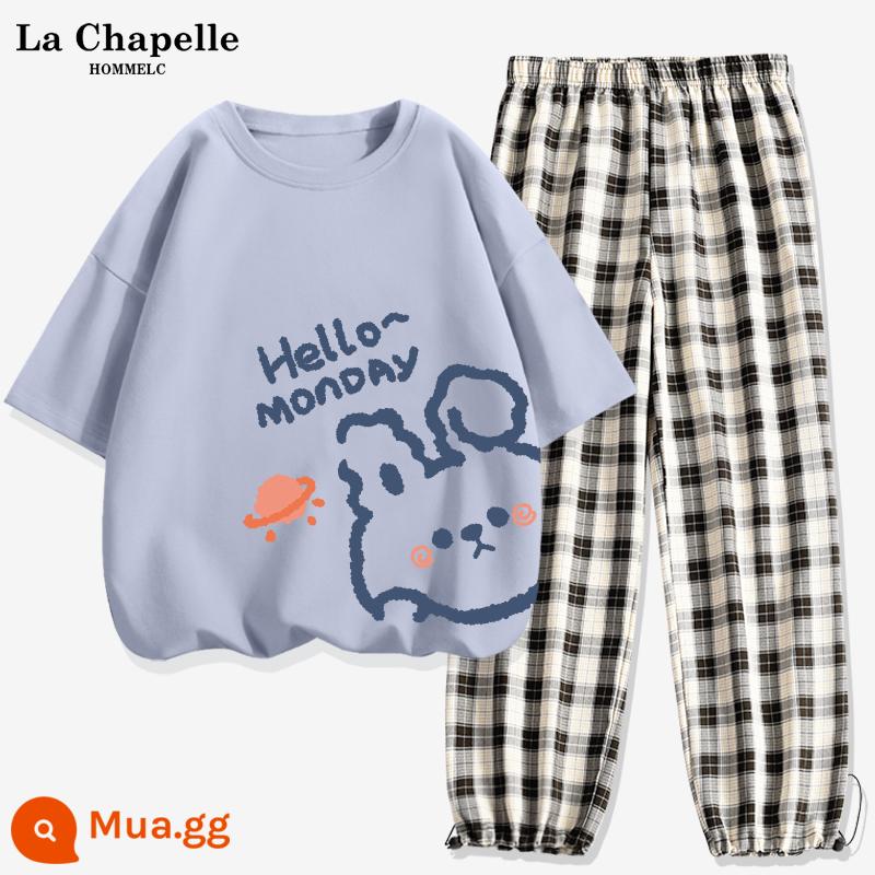 Bộ đồ thể thao La Chapelle nữ mùa hè 2023 tân sinh viên cotton mùa hè quần kẻ sọc ngắn tay bộ đồ hai mảnh X - Xanh nhạt (chỉ số bên trái Hi Bunny) + quần đen trắng (để trống)