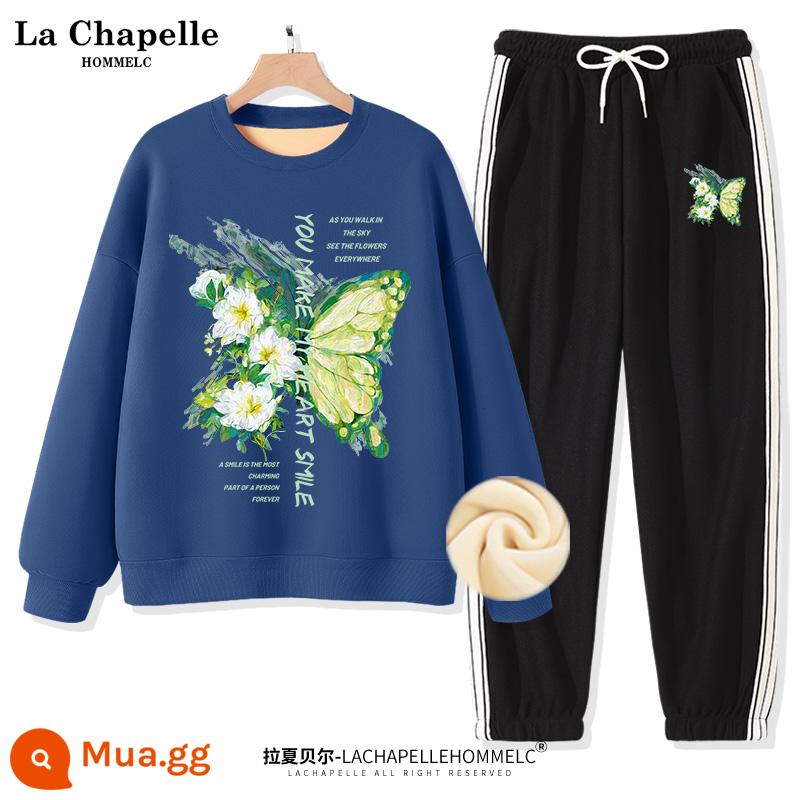 Bộ đồ thể thao nữ La Chapelle mùa xuân và mùa thu 2022 mới mùa thu cỡ lớn quần dài nữ 2 món - [Phong cách lông cừu] Màu xanh xám đậm (sơn dầu lớn màu xanh lá cây con bướm) + quần đen (logo quần màu xanh lá cây sơn dầu)