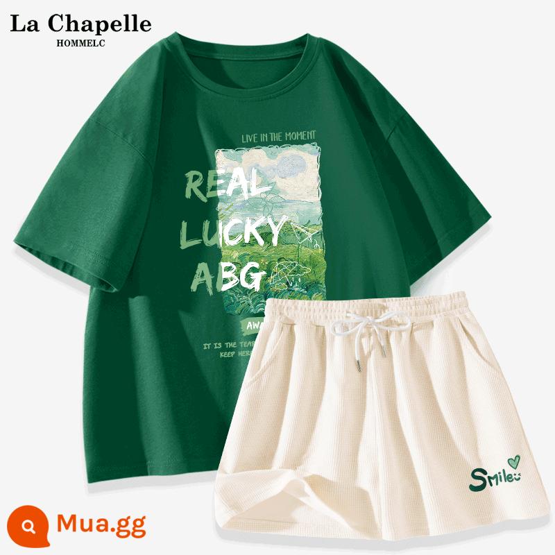 La Chapelle Bộ Đồ Thể Thao Nữ Mặc Mùa Hè 2023 Áo Thun Cotton Mùa Hè Mới Quần Short Nữ Tay Ngắn 2 Bộ - Xanh đậm (mùa hè bất tận) + quần trắng sữa (quần tâm trạng tốt chỉ số phía trước bên trái)