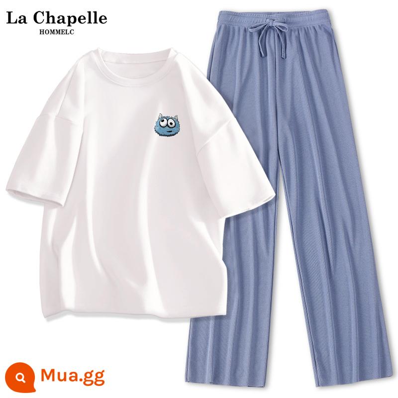 Bộ đồ thể thao La Chapelle nữ 2023 mùa hè mới cotton nữ tay ngắn lụa băng quần ống rộng 2 bộ J - Trắng (logo ngực xấu) + quần xanh (trống)