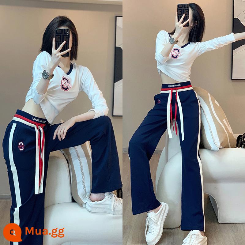 SETIM MỚI và Mùa đông Set New Semi -High -Kecked Zipper Fashion Plus Velvet Sweater Cao -end Wide -leg Pants hai bộ - Bộ vest quần trắng + xanh 9778