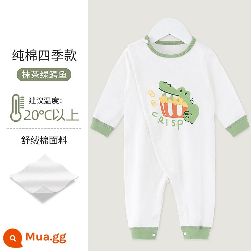 Bé mùa xuân, mùa thu và mùa đông bé mùa thu jumpsuit mùa thu phù hợp với bông nguyên chất mùa thu căn cứ đồ ngủ mùa đông ấm áp - Ve áo cá sấu xanh matcha (cotton nguyên chất kiểu bốn mùa) ve áo xéo bảo vệ bụng