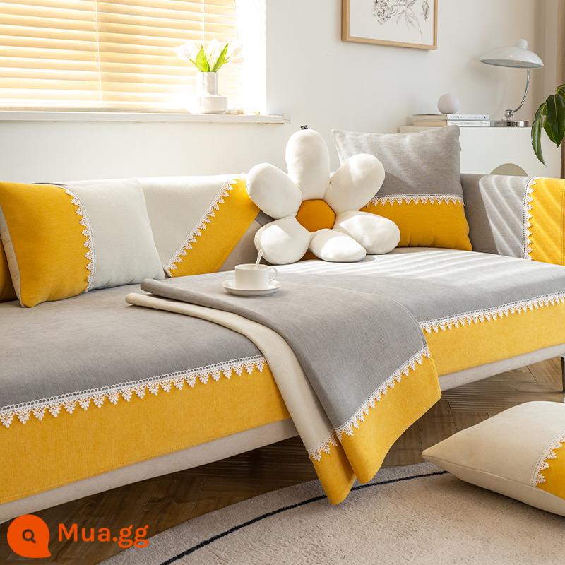 Mùa Đông Bắc Âu Sofa Đệm Da Chống Trơn Trượt Ghế Sofa Bốn Mùa Đa Năng Viền Cao Cấp Đệm Lưng Khăn Bao vải - Sen mùa thu-Xám nhạt