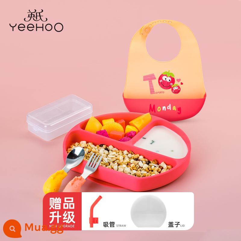 Ying's baby Dĩa ăn dặm silicone trẻ em học ăn bát kiểu mút dễ thương cho trẻ sơ sinh và trẻ nhỏ với đĩa lưới thức ăn không chủ yếu 1991 - Màu đỏ hoa mận + tấm che bụi kháng khuẩn miễn phí + nĩa tập tay cầm ngắn + yếm 3D [vật liệu cấp thực phẩm]