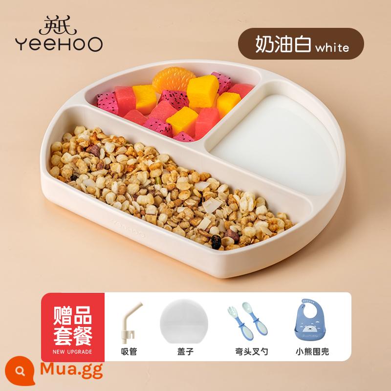 Ying's baby Dĩa ăn dặm silicone trẻ em học ăn bát kiểu mút dễ thương cho trẻ sơ sinh và trẻ nhỏ với đĩa lưới thức ăn không chủ yếu 1991 - Màu trắng kem + tấm che bụi kháng khuẩn miễn phí + ống hút + thìa khuỷu tay + yếm silicon [vật liệu cấp thực phẩm]