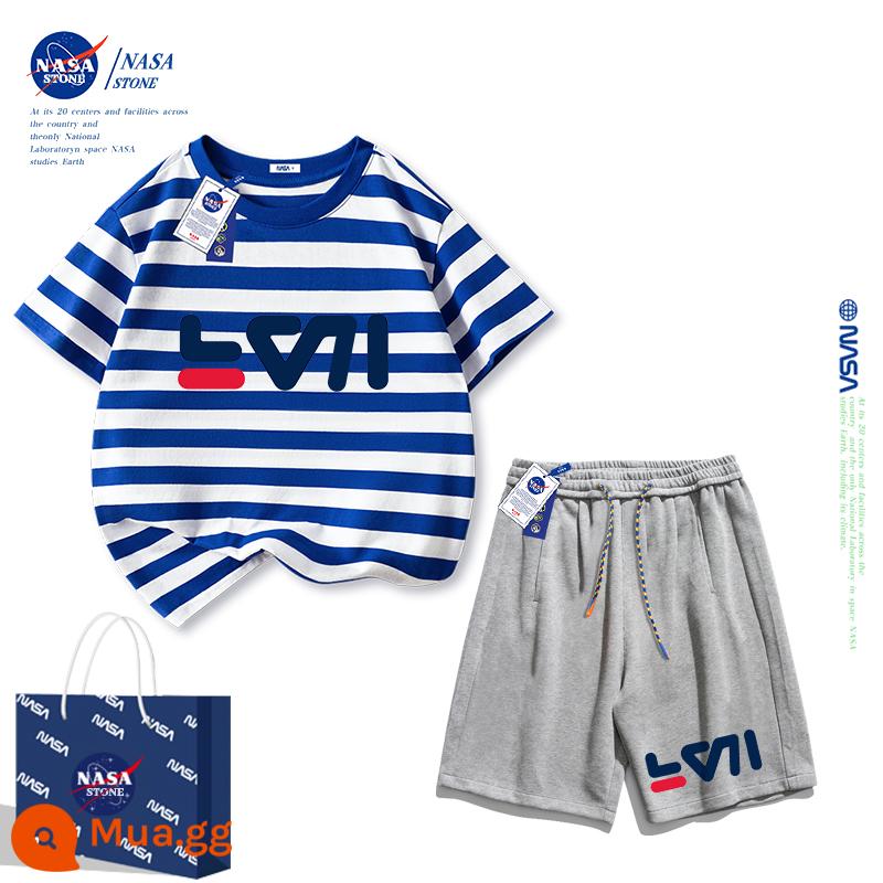 Bộ quần áo mùa hè cho bé trai của NASA áo thun cotton nguyên chất 2023 thương hiệu mới hợp thời trang mùa hè dành cho nữ quần áo thể thao cho bé trai lớn - Sọc xanh trắng + quần xám