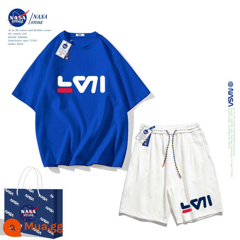 Bộ quần áo mùa hè cho bé trai của NASA áo thun cotton nguyên chất 2023 thương hiệu mới hợp thời trang mùa hè dành cho nữ quần áo thể thao cho bé trai lớn - Quần Klein xanh + trắng