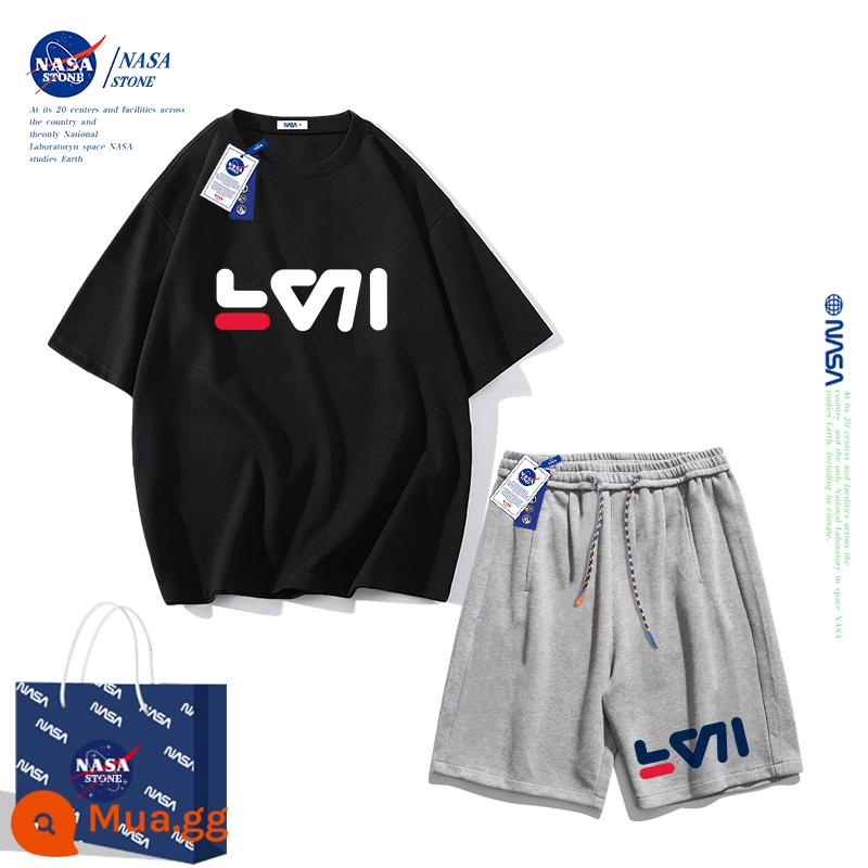 Bộ quần áo mùa hè cho bé trai của NASA áo thun cotton nguyên chất 2023 thương hiệu mới hợp thời trang mùa hè dành cho nữ quần áo thể thao cho bé trai lớn - Quần đen + xám