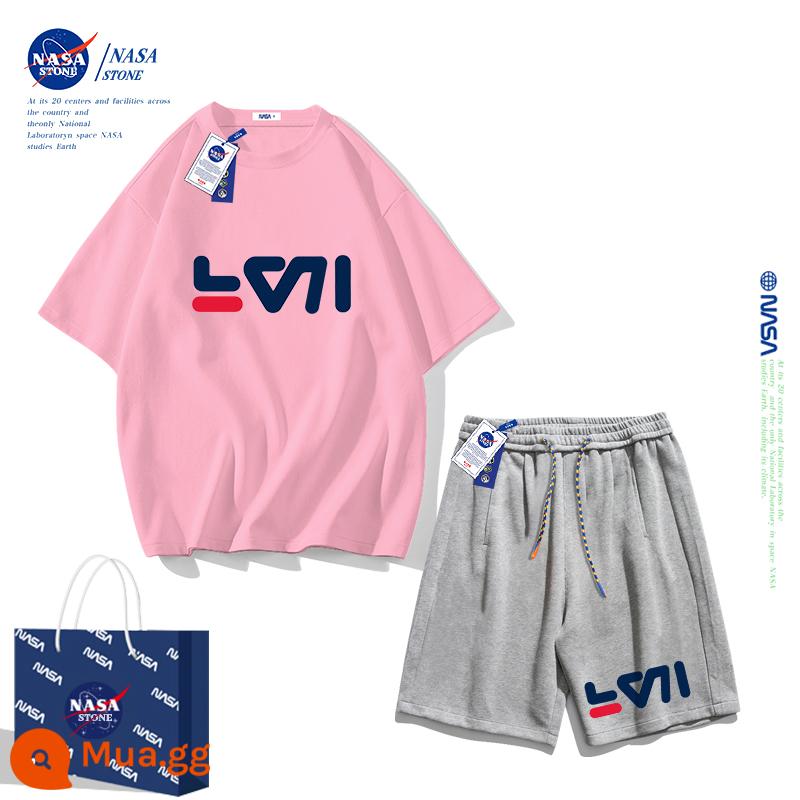 Bộ quần áo mùa hè cho bé trai của NASA áo thun cotton nguyên chất 2023 thương hiệu mới hợp thời trang mùa hè dành cho nữ quần áo thể thao cho bé trai lớn - Quần hồng + xám