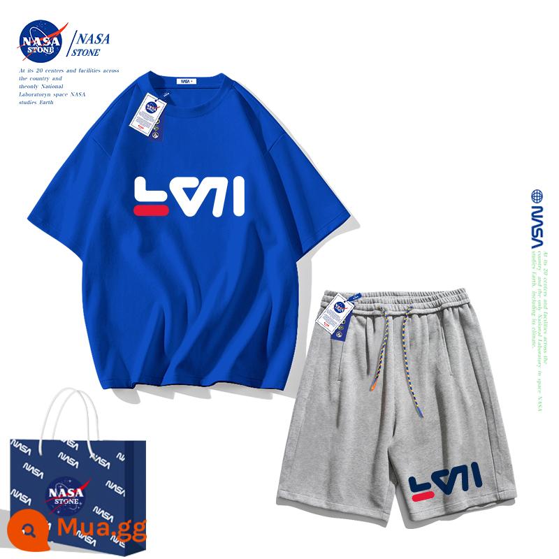 Bộ quần áo mùa hè cho bé trai của NASA áo thun cotton nguyên chất 2023 thương hiệu mới hợp thời trang mùa hè dành cho nữ quần áo thể thao cho bé trai lớn - Quần Klein xanh + xám