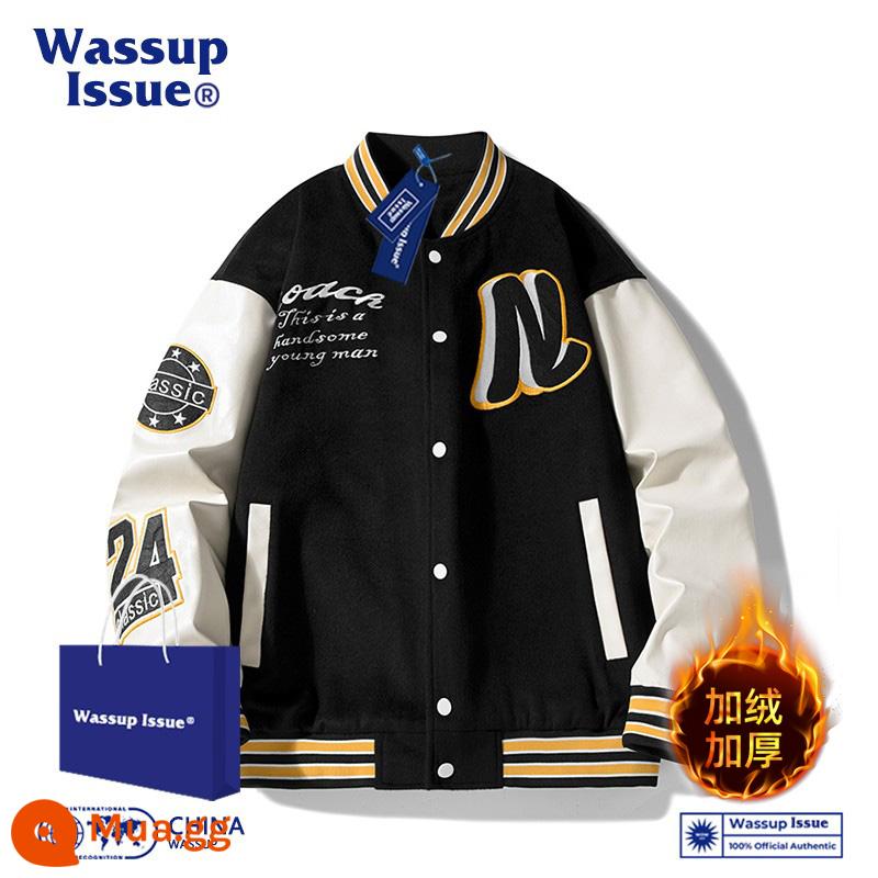 WASSUP ISSUE Đồng phục bóng chày Mỹ áo khoác dày nam cặp đôi hợp thời trang thương hiệu áo khoác bomber mùa đông - Đen [cotton dày] 22119