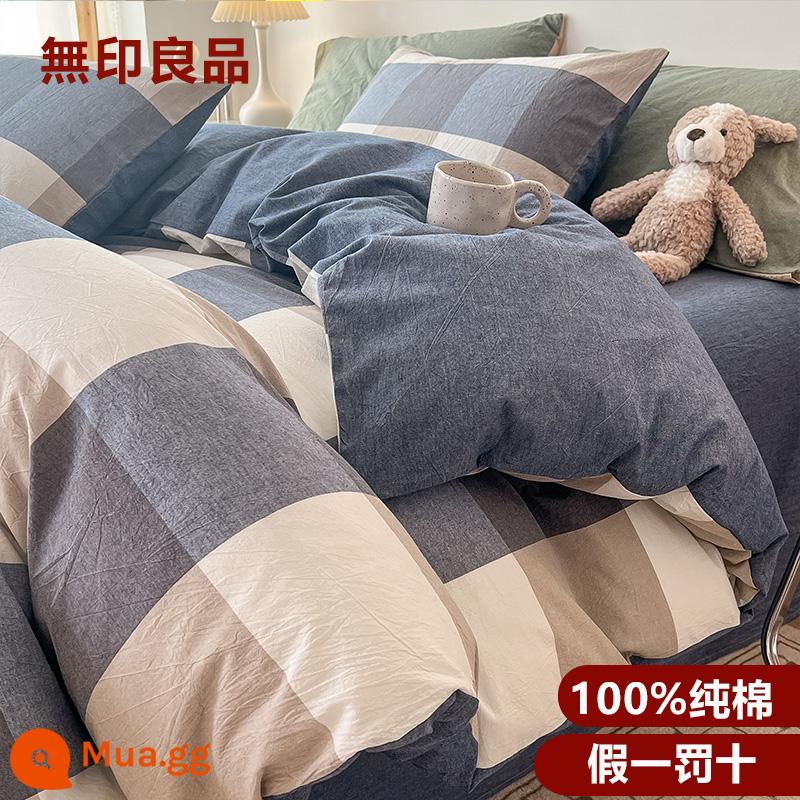 Muji giường 4 món cotton nguyên chất 100 cotton ga trải giường vỏ chăn ga gối vỏ chăn ký túc xá đơn 3 mảnh - Kiểu màu xanh lam [100% cotton Loại A dành cho bà mẹ và trẻ sơ sinh]