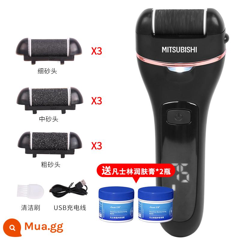 Máy làm móng chân sạc điện Mitsubishi của nhật tự động mài da chân, tẩy da chết, chai sần, mài chân tạo tác, máy sửa chân - Đen mờ + 9 đầu mài cộng với Vaseline - hộp bảo quản