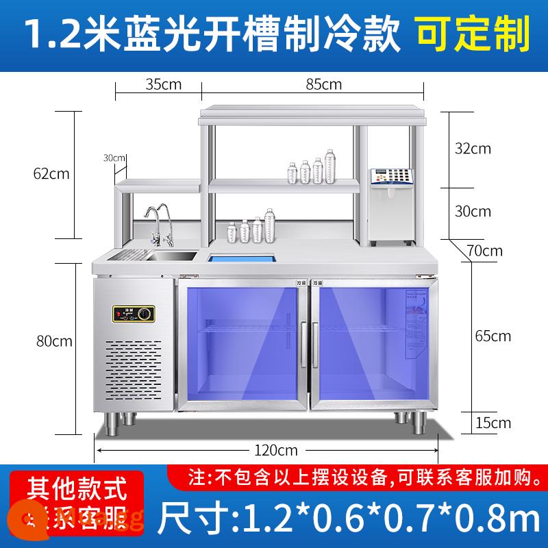 Thiết bị cửa hàng trà sữa trọn bộ cửa hàng nước lạnh thương mại thanh nước hoạt động tủ lạnh bàn làm việc cà phê tùy chỉnh bằng thép không gỉ - Có đèn xanh 1,2m, có sẵn hồ bơi bên phải