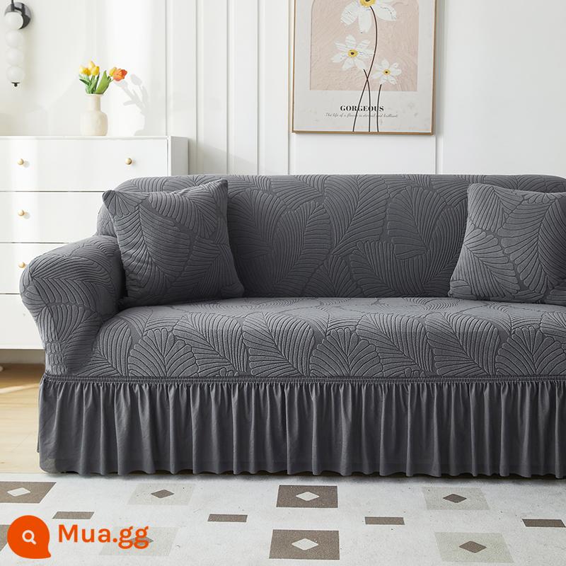 Vỏ bọc ghế sofa một hai ba hàng thẳng Vỏ bọc đàn hồi bao gồm tất cả bốn mùa đơn kiểu cũ - Lá-xám đậm (kiểu váy)