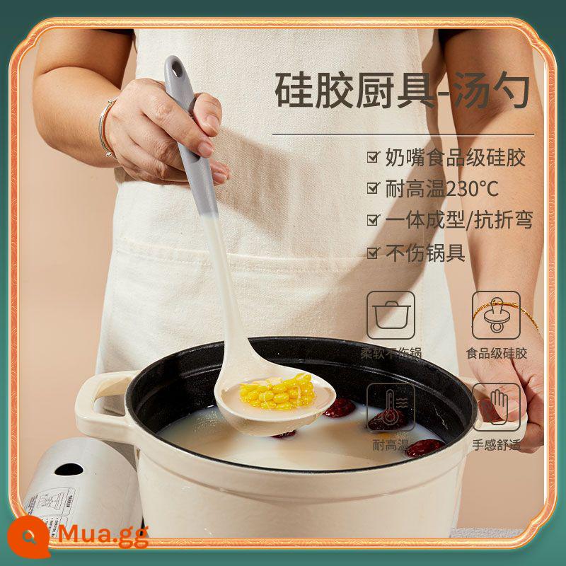 Thìa silicone đặc biệt dành cho nồi chống dính gia đình, thìa nấu ăn chịu nhiệt độ cao, thìa súp, bộ dụng cụ nhà bếp cấp thực phẩm - Màu tương phản trắng kem và xám - 1 thìa/gói đơn