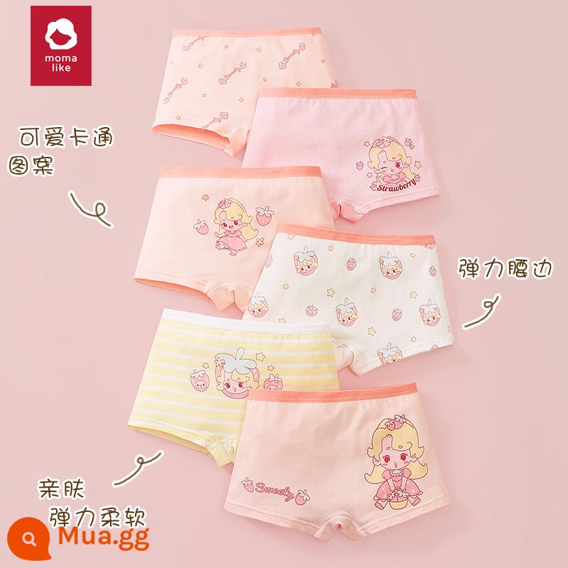 Quần lót bé gái cotton nguyên chất quần lót boxer bé gái bốn góc quần short cotton kháng khuẩn 100% không véo mông - Dâu tây công chúa - Gói 6 gói giá trị [Bông nguyên chất loại A, Bông mềm đục]