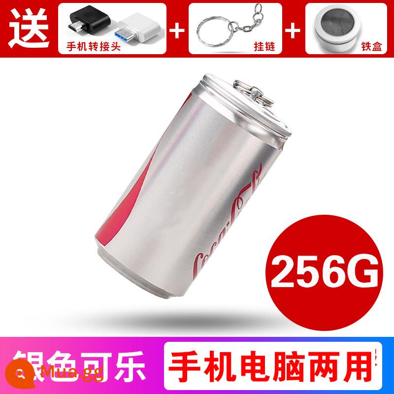 Ổ đĩa flash cola giá trị cao 128g điện thoại di động máy tính sử dụng kép dung lượng lớn cô gái kim loại dễ thương sinh viên ổ đĩa flash USB chính hãng - Hộp thiếc Silver Coke 256.G+