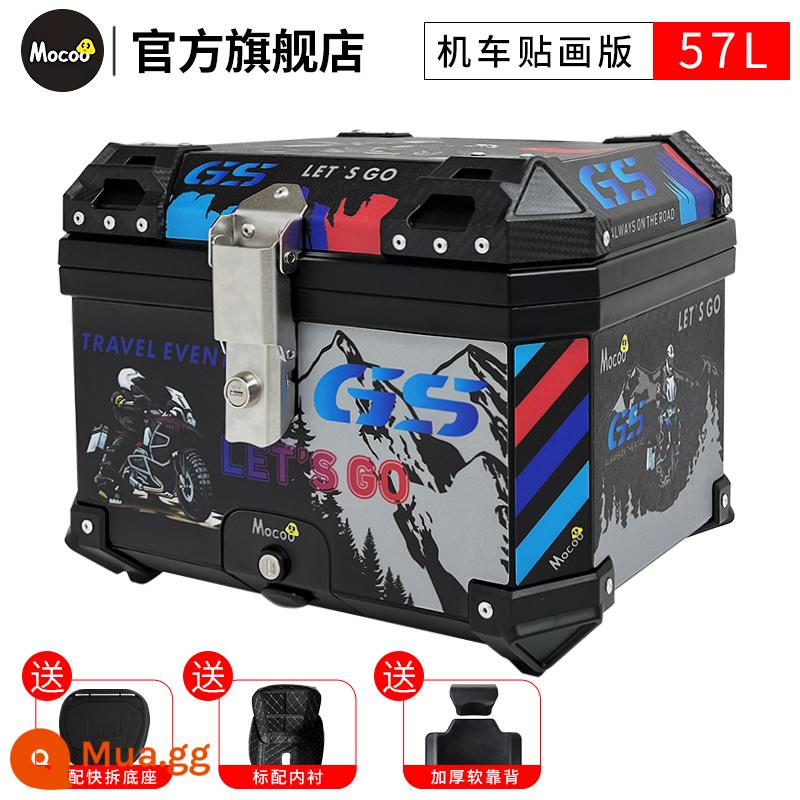 Mushroom 45L hộp đuôi đầu máy đa năng xe điện xe tay ga cốp dung tích lớn hộp đuôi sau hợp kim nhôm - [57L] Hộp đen + in ngang + tựa lưng + lót [Đế nhựa PP]