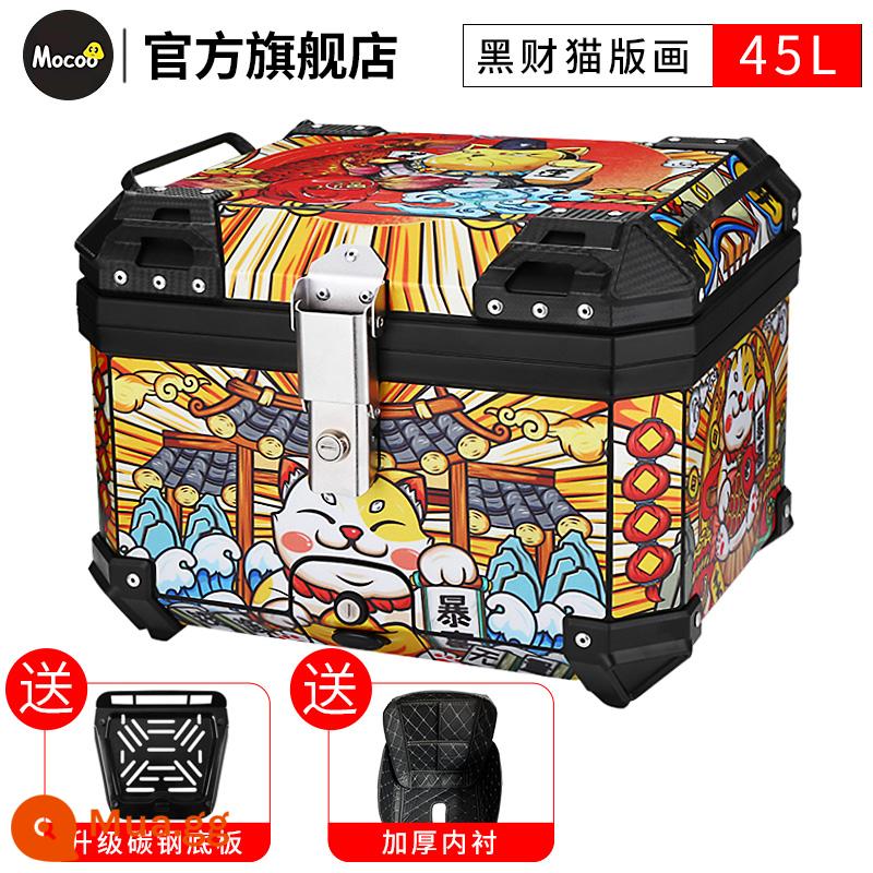 Mushroom 45L hộp đuôi đầu máy đa năng xe điện xe tay ga cốp dung tích lớn hộp đuôi sau hợp kim nhôm - [45L] Hộp đen + in hình mèo may mắn + lớp lót [đế thép cacbon]