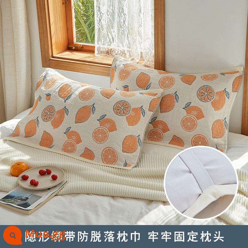 Gối Chống Trơn Trượt Nguyên Chất Cotton Mới Cặp Dây Cố Định Chống Rơi Gối Cotton Gạc Thấm Hút Mồ Hôi Cặp Đôi Người Lớn - Một đôi vỏ gối dây chanh màu cam, gạc bốn lớp cotton nguyên chất