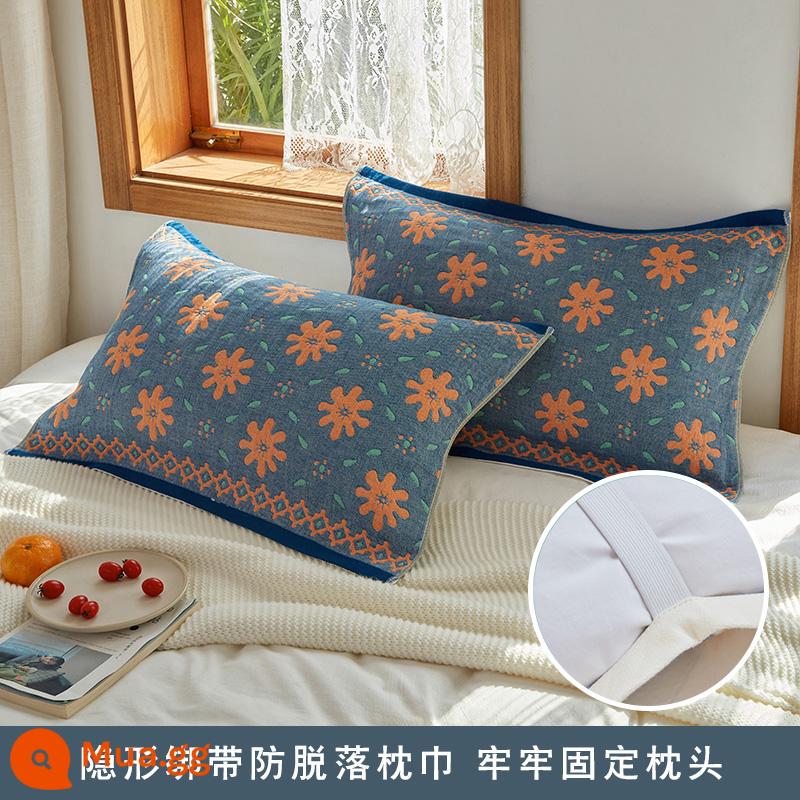 Gối Chống Trơn Trượt Nguyên Chất Cotton Mới Cặp Dây Cố Định Chống Rơi Gối Cotton Gạc Thấm Hút Mồ Hôi Cặp Đôi Người Lớn - Một đôi vỏ gối quai ngang màu xanh thịnh vượng, gạc bốn lớp cotton nguyên chất