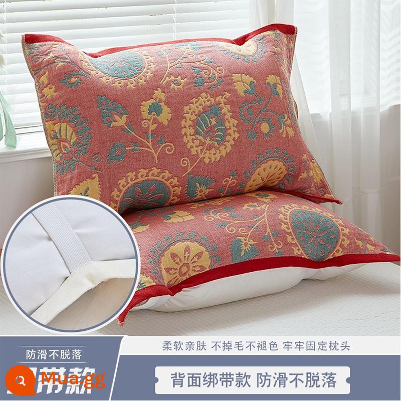 Gối Chống Trơn Trượt Nguyên Chất Cotton Mới Cặp Dây Cố Định Chống Rơi Gối Cotton Gạc Thấm Hút Mồ Hôi Cặp Đôi Người Lớn - Một đôi vỏ gối quai ngang Ice Dream màu đỏ, gạc bốn lớp cotton nguyên chất