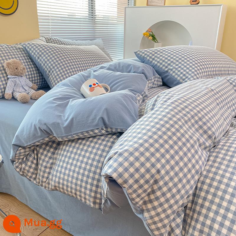 Bộ 4 giường ngủ cotton nguyên chất mới 2023 100 tấm trải giường bằng vải cotton và vỏ chăn bông ký túc xá sinh viên chăn ga gối đệm 3 bộ 4 - Lưới xanh [100% cotton chải kỹ, không vón cục, không phai màu]