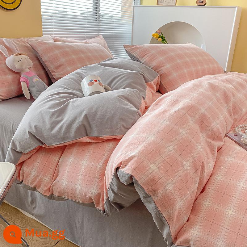 Bộ 4 giường ngủ cotton nguyên chất mới 2023 100 tấm trải giường bằng vải cotton và vỏ chăn bông ký túc xá sinh viên chăn ga gối đệm 3 bộ 4 - Phấn mùa hè ngọt ngào [100% cotton chải kỹ, không vón cục, không phai màu]